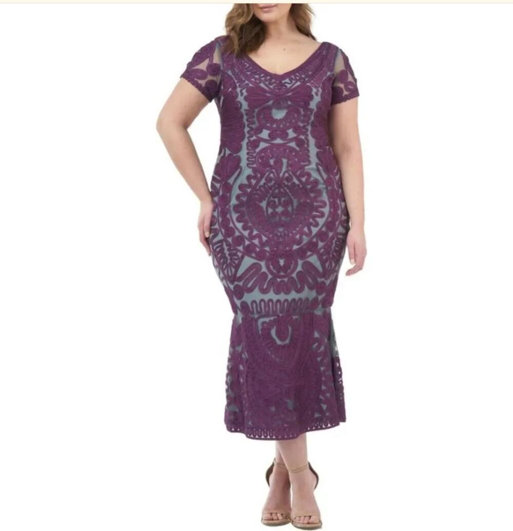 JS Collections Purple Soutache Embroidered Lace Mesh Midi Dress